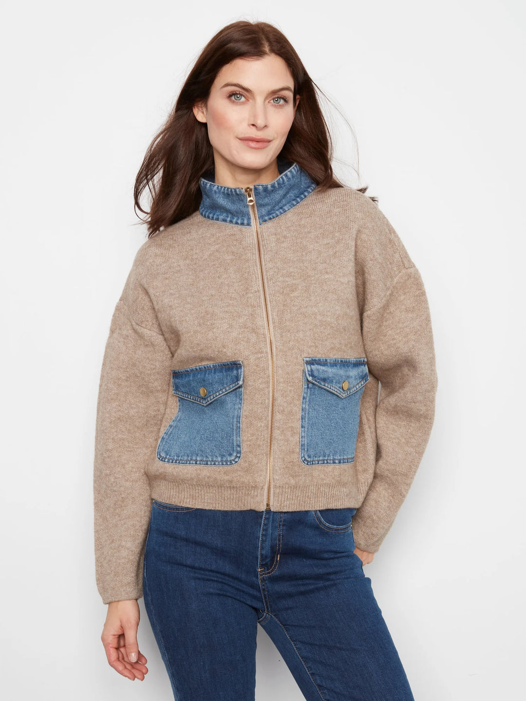 Long Sleeve Zipped Sweater Jacket With Denim Pockets &amp; Collar