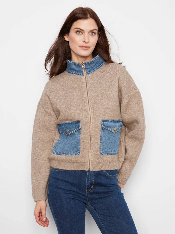 Long Sleeve Zipped Sweater Jacket With Denim Pockets &amp; Collar