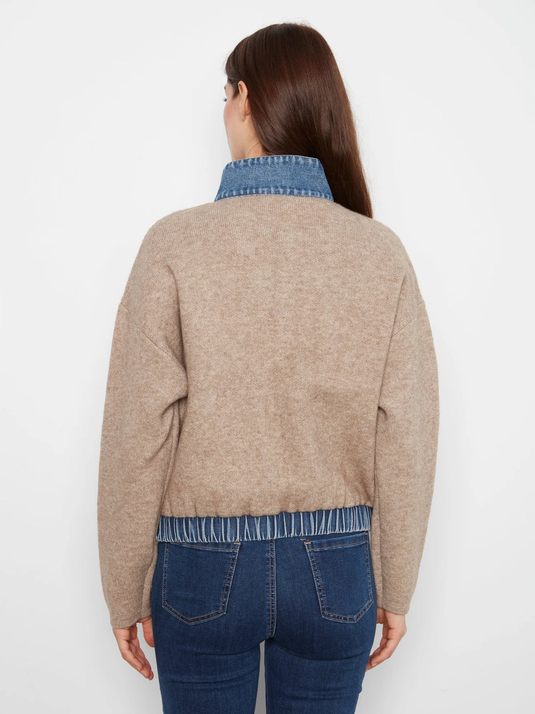 Long Sleeve Zipped Sweater Jacket With Denim Pockets &amp; Collar