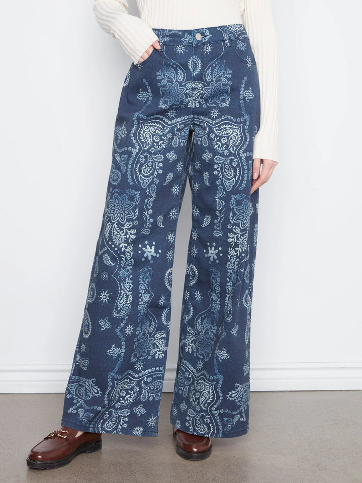 Long Wide Leg Printed Twill Pants