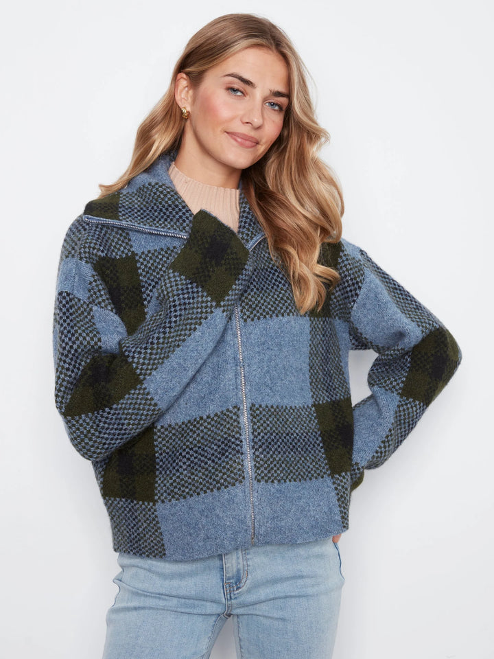 Long Sleeve Front Zip High Collar Cardigan In Plaid Sweater Jacquard