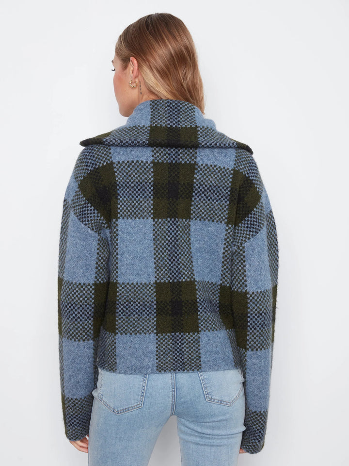 Long Sleeve Front Zip High Collar Cardigan In Plaid Sweater Jacquard
