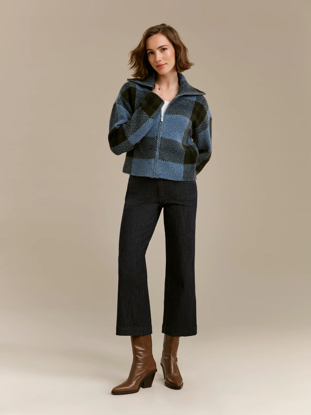 Long Sleeve Front Zip High Collar Cardigan In Plaid Sweater Jacquard