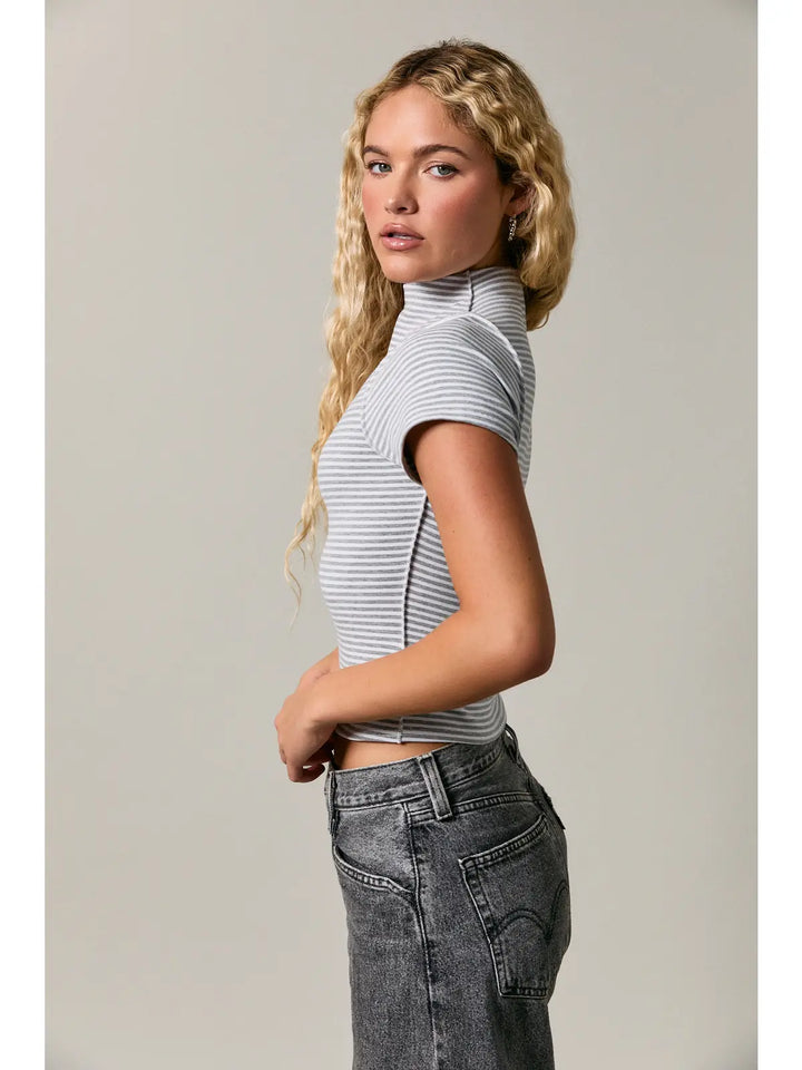 Mock Neck Stripe Short Sleeve Top