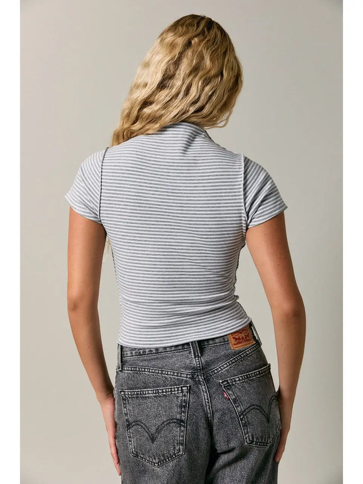 Mock Neck Stripe Short Sleeve Top