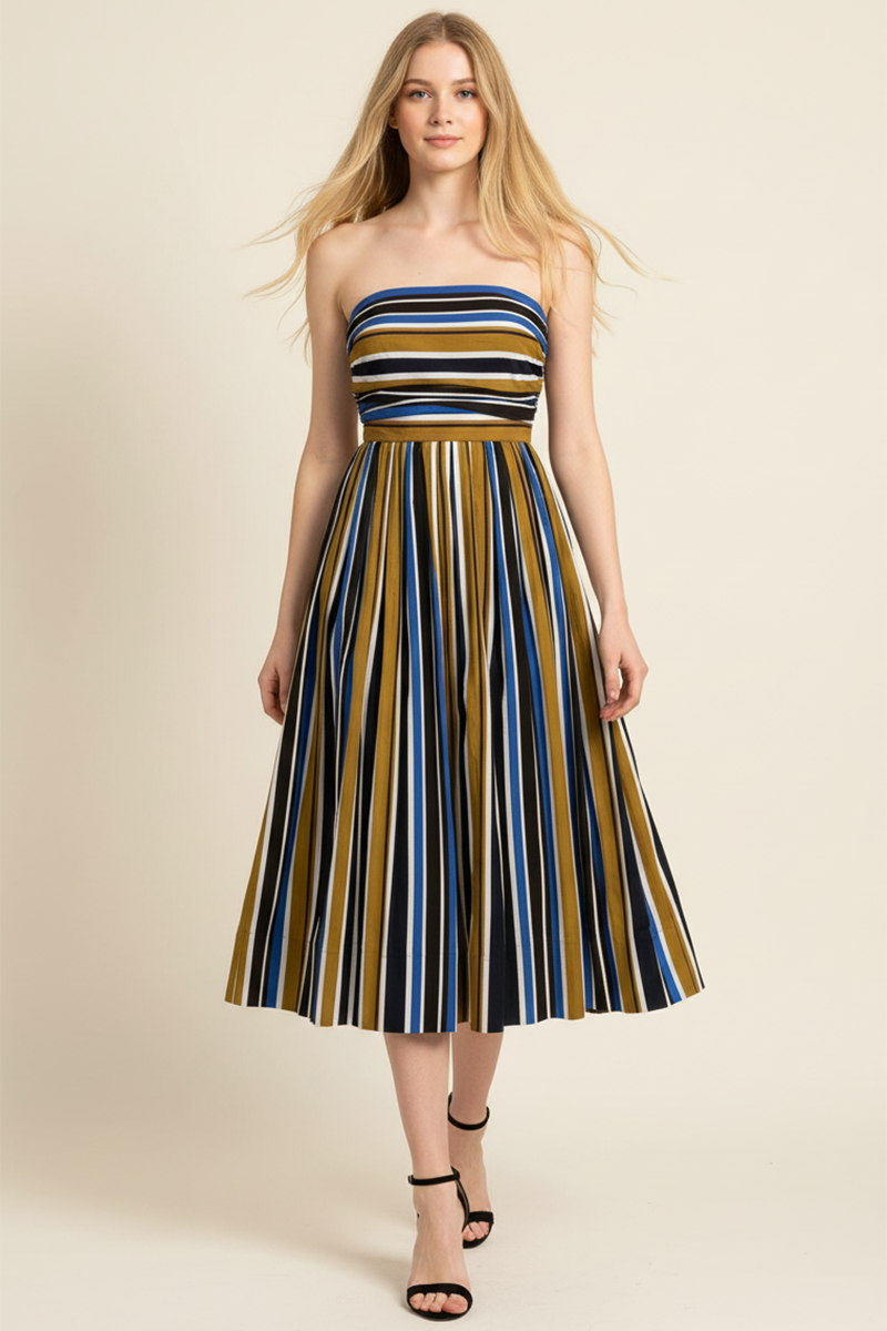 Multi-Color Stripe Ruched Tube Midi Dress in Navy/Brown