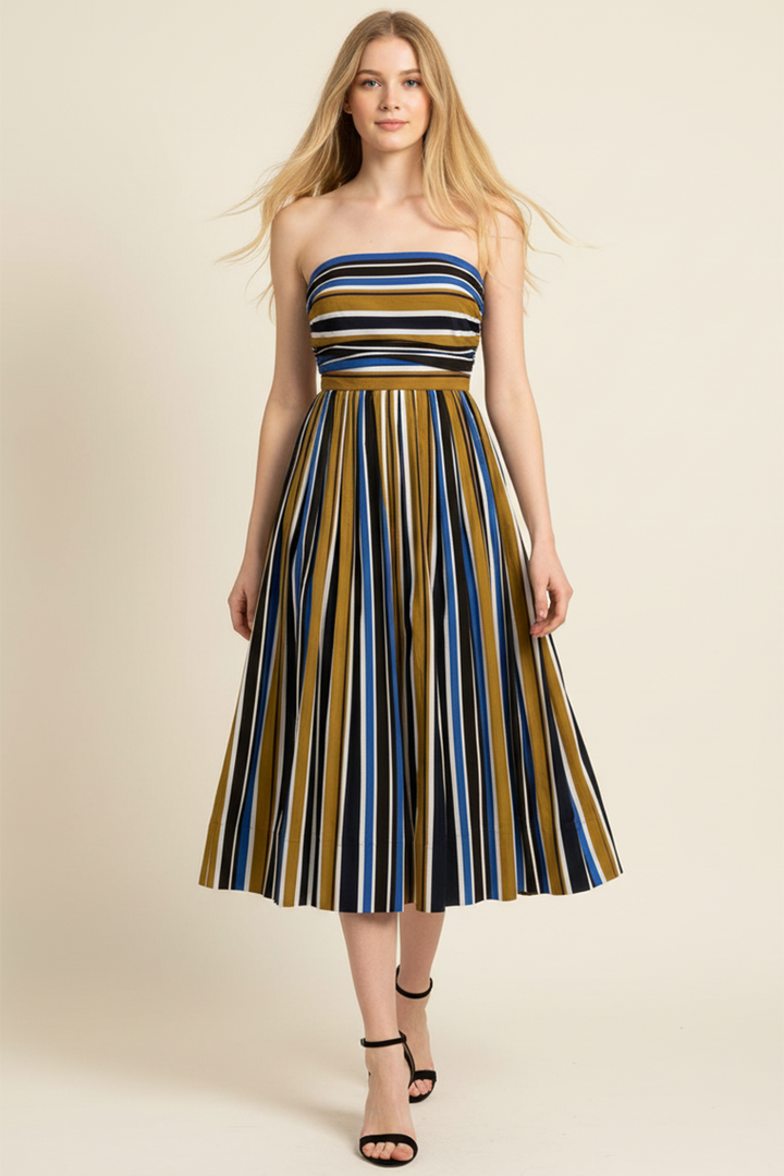 Multi-Color Stripe Ruched Tube Midi Dress in Navy/Brown