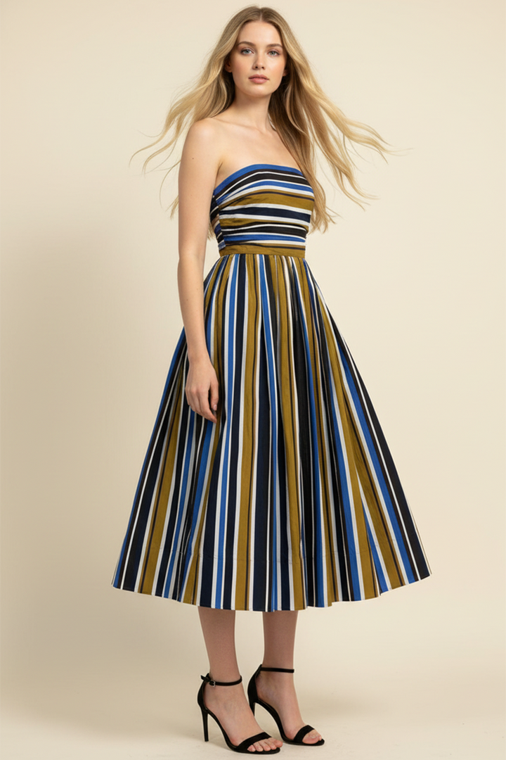 Multi-Color Stripe Ruched Tube Midi Dress in Navy/Brown