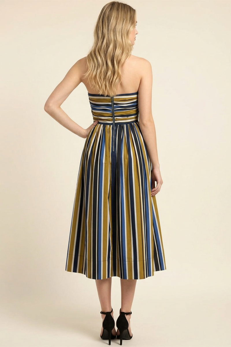 Multi-Color Stripe Ruched Tube Midi Dress in Navy/Brown