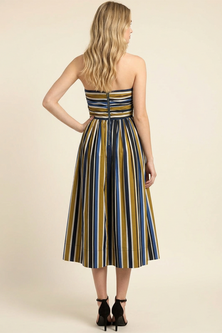 Multi-Color Stripe Ruched Tube Midi Dress in Navy/Brown