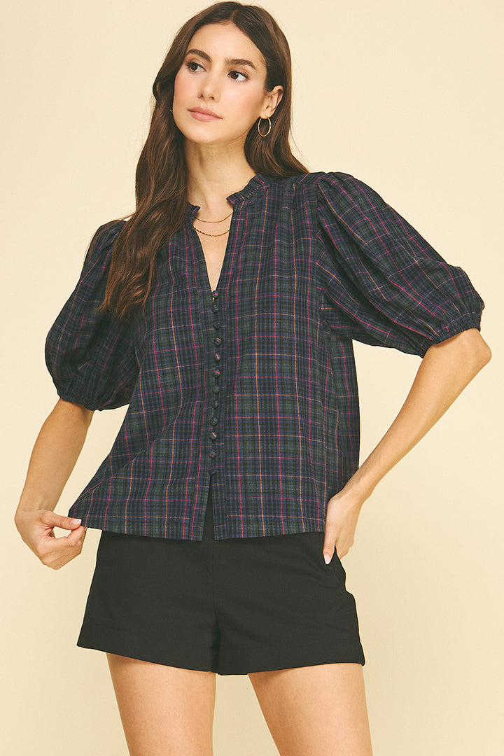 Plaid Puff Sleeve Blouse