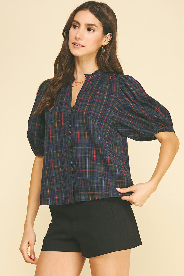 Plaid Puff Sleeve Blouse