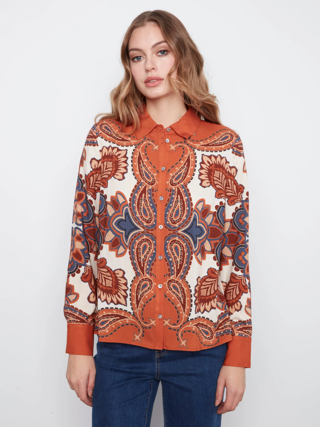 Placement Print Long Sleeve Button-Up Shirt