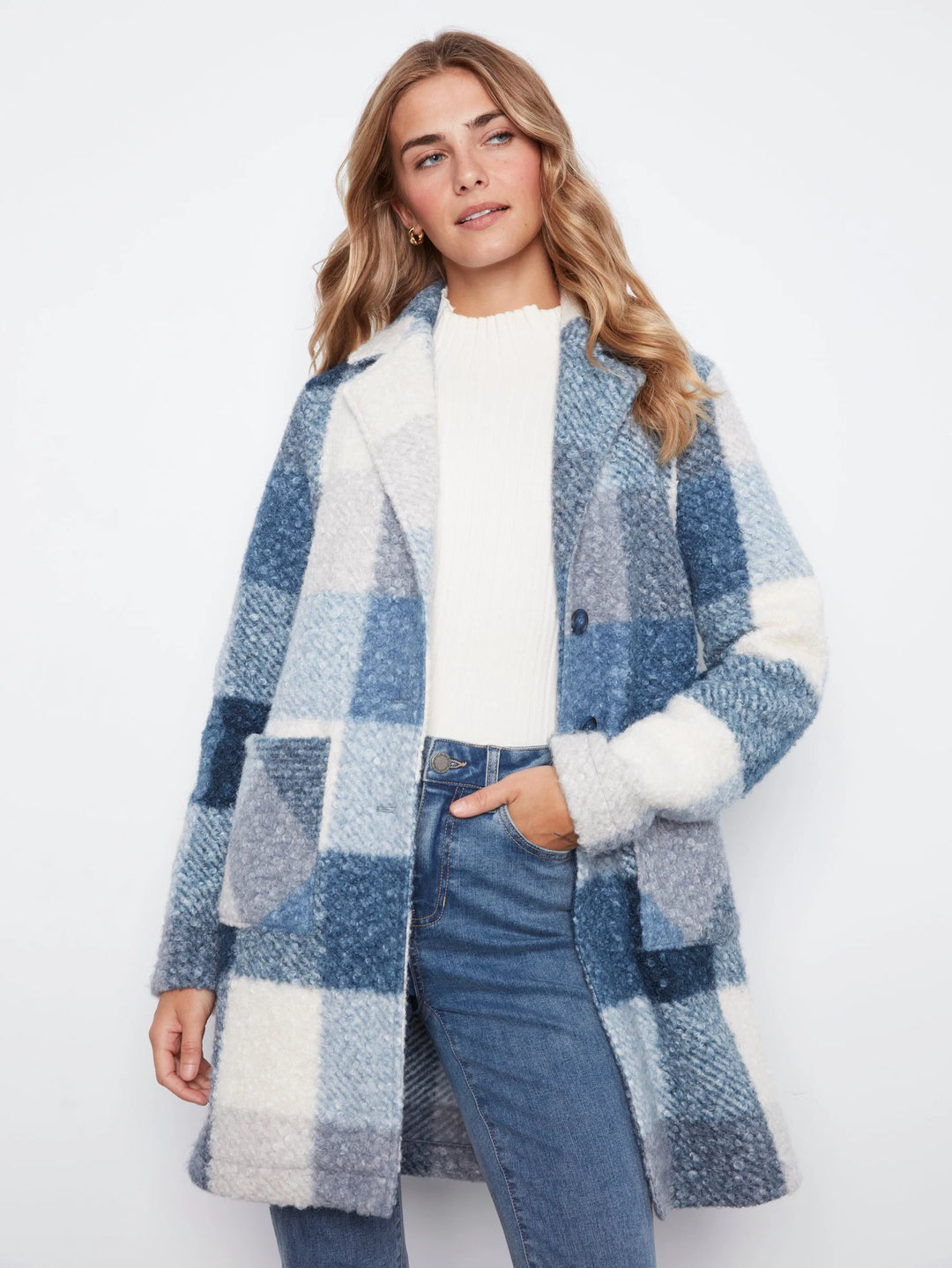 Plaid Boucle Knit Tailored Collar Coat