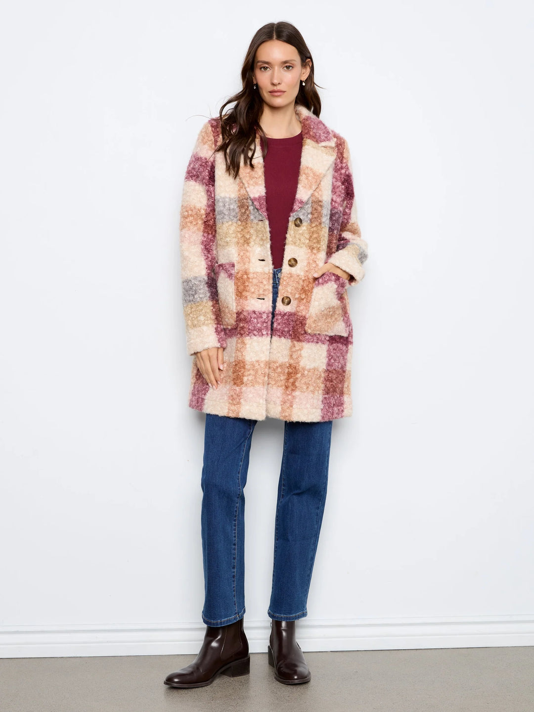 Plaid Boucle Knit Tailored Collar Coat in Ginger