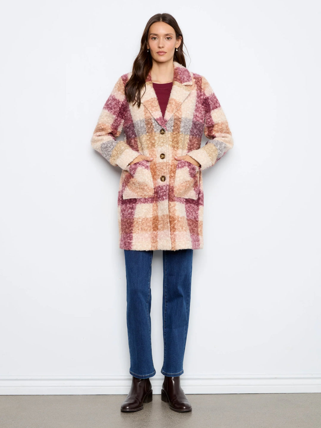 Plaid Boucle Knit Tailored Collar Coat in Ginger