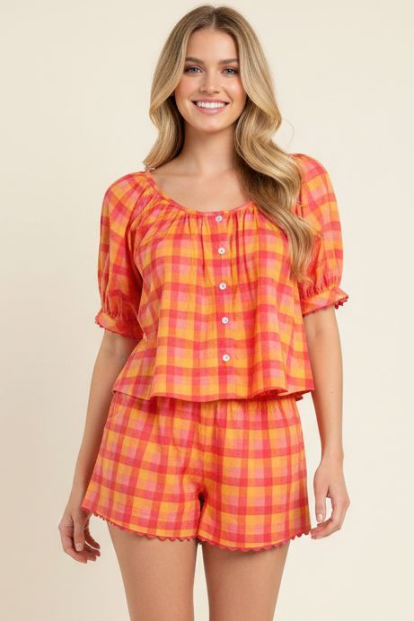 Plaid Short Sleeve Blouse Top