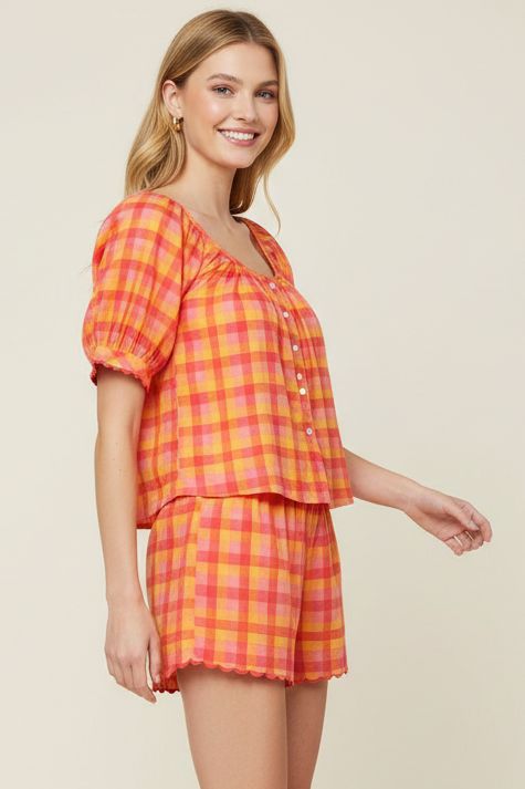 Plaid Short Sleeve Blouse Top