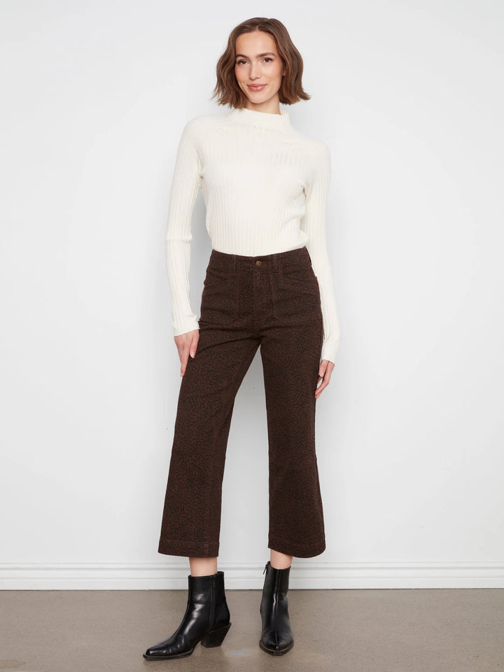 Printed Cropped Wide Leg Twill Pants With Patch Pockets