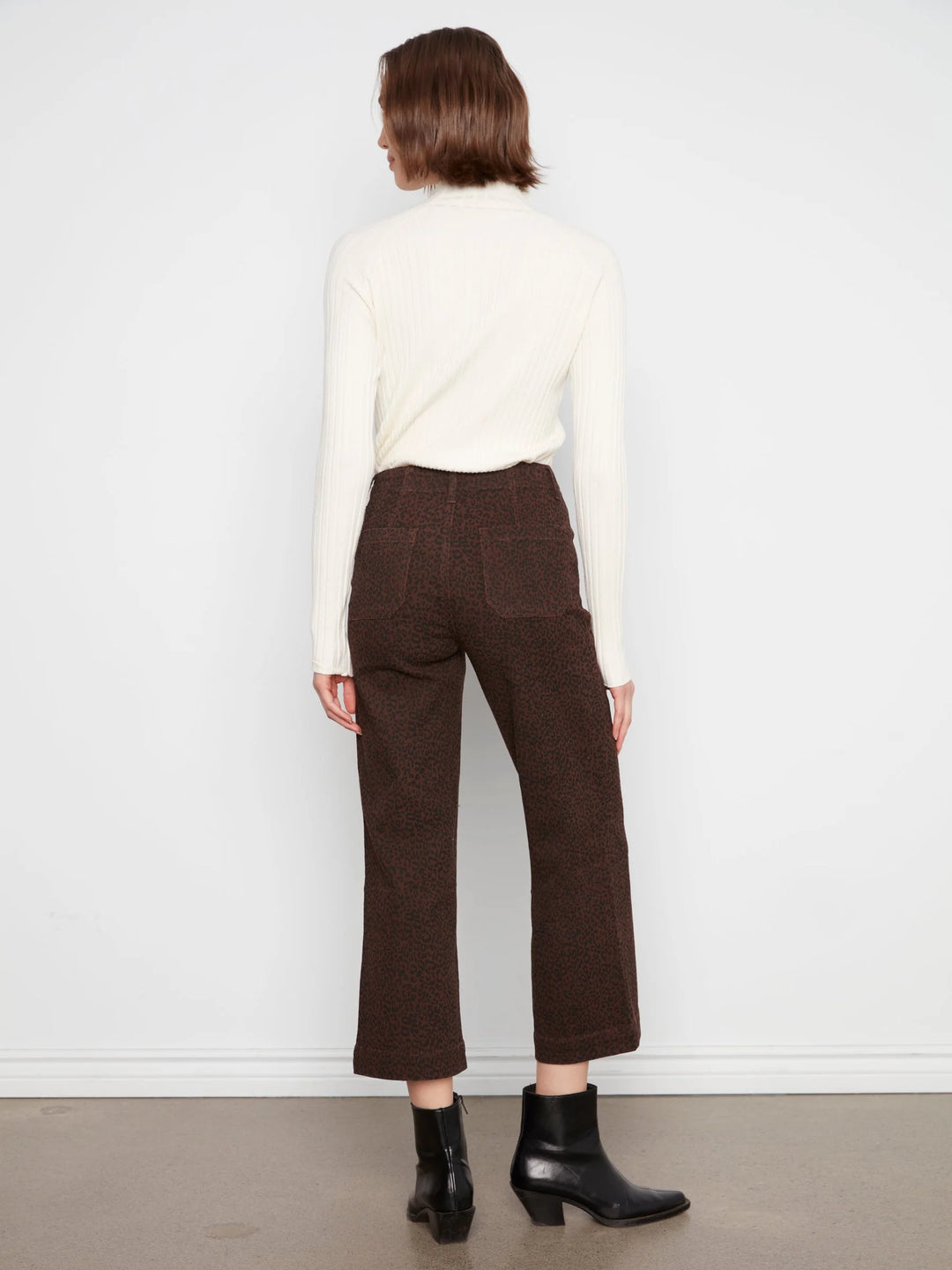 Printed Cropped Wide Leg Twill Pants With Patch Pockets