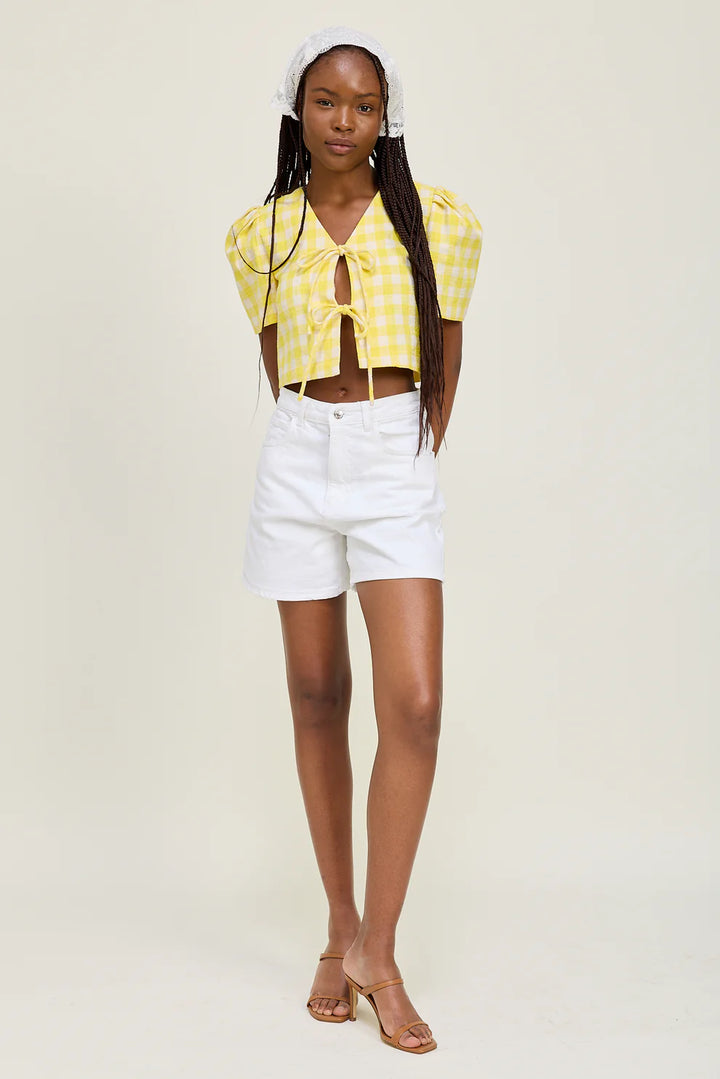Puffed Short Sleeve Blouse W/ Front Tie