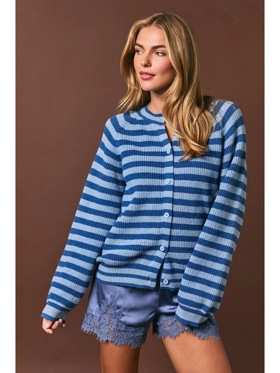 Raglan Long Sleeve Crew Neck Striped Sweater Cardigan
