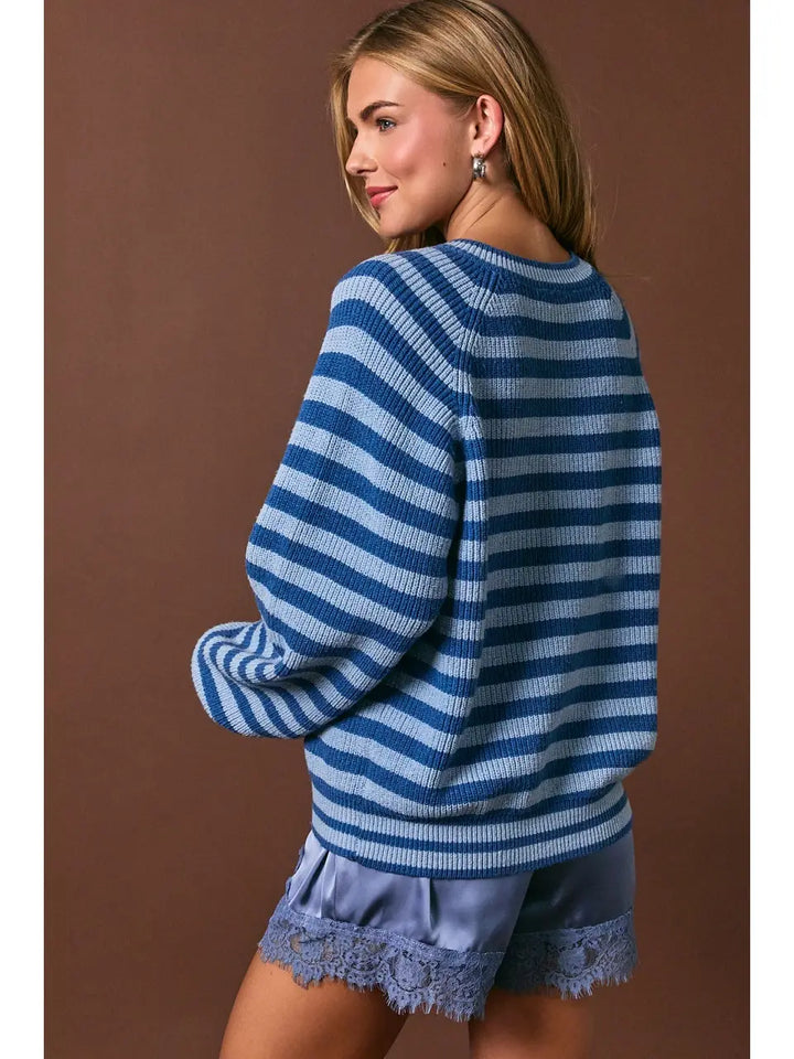 Raglan Long Sleeve Crew Neck Striped Sweater Cardigan