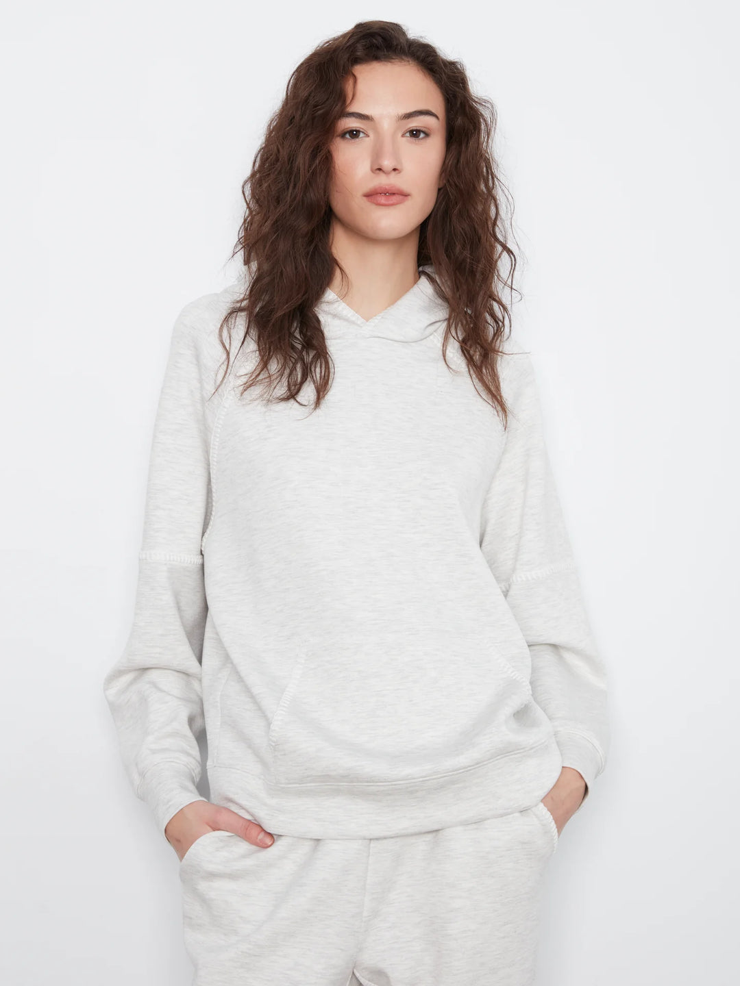 Raglan Sleeve Soft Scuba Hoodie with Blanket Stitch Details