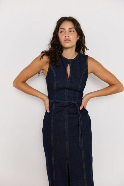 Raya Denim Belted Midi Dress