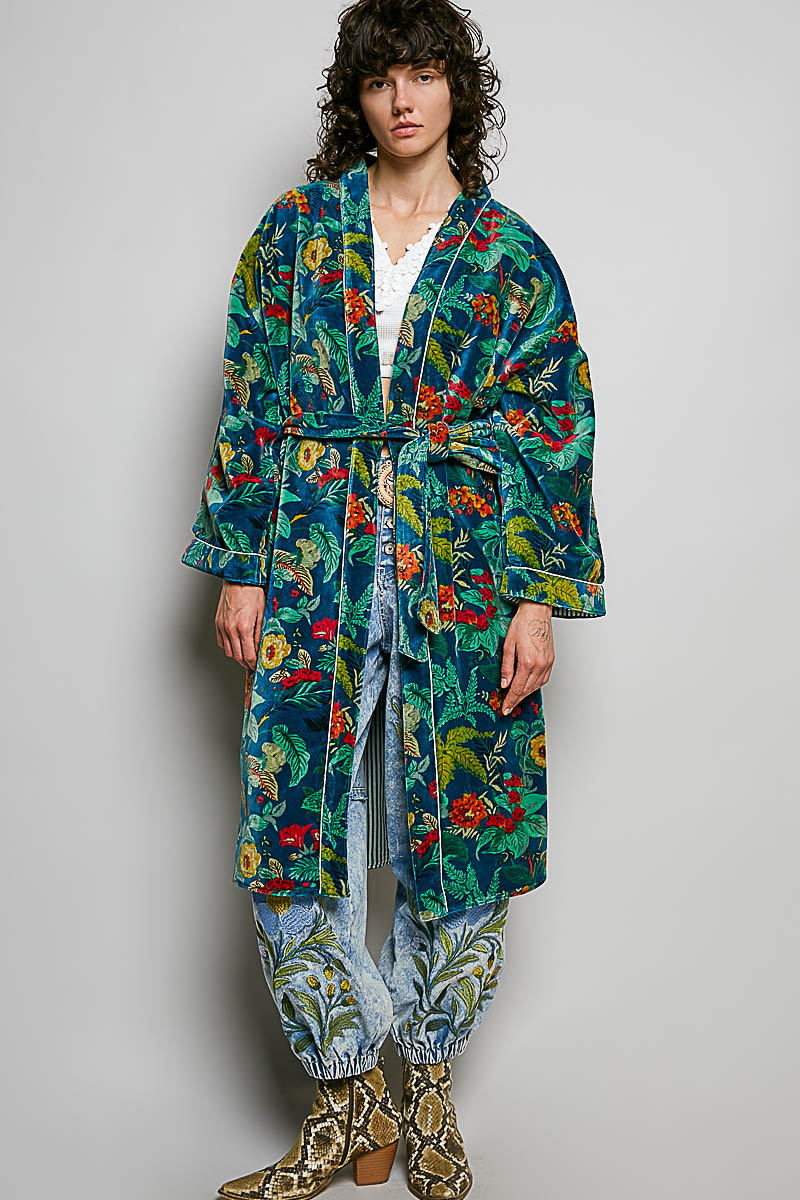 Relaxed Open Front Velvet Adjustable Waist Kimono Robe