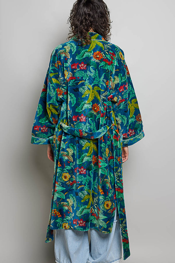 Relaxed Open Front Velvet Adjustable Waist Kimono Robe