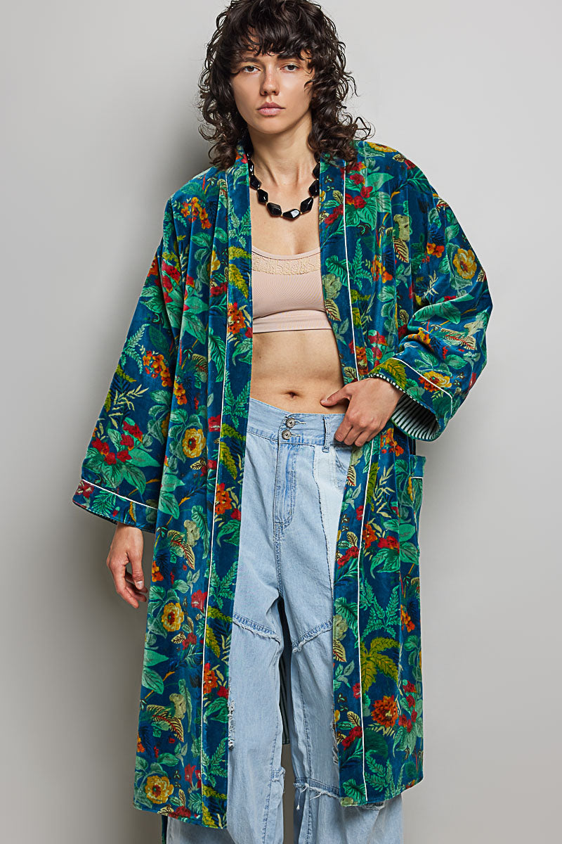 Relaxed Open Front Velvet Adjustable Waist Kimono Robe
