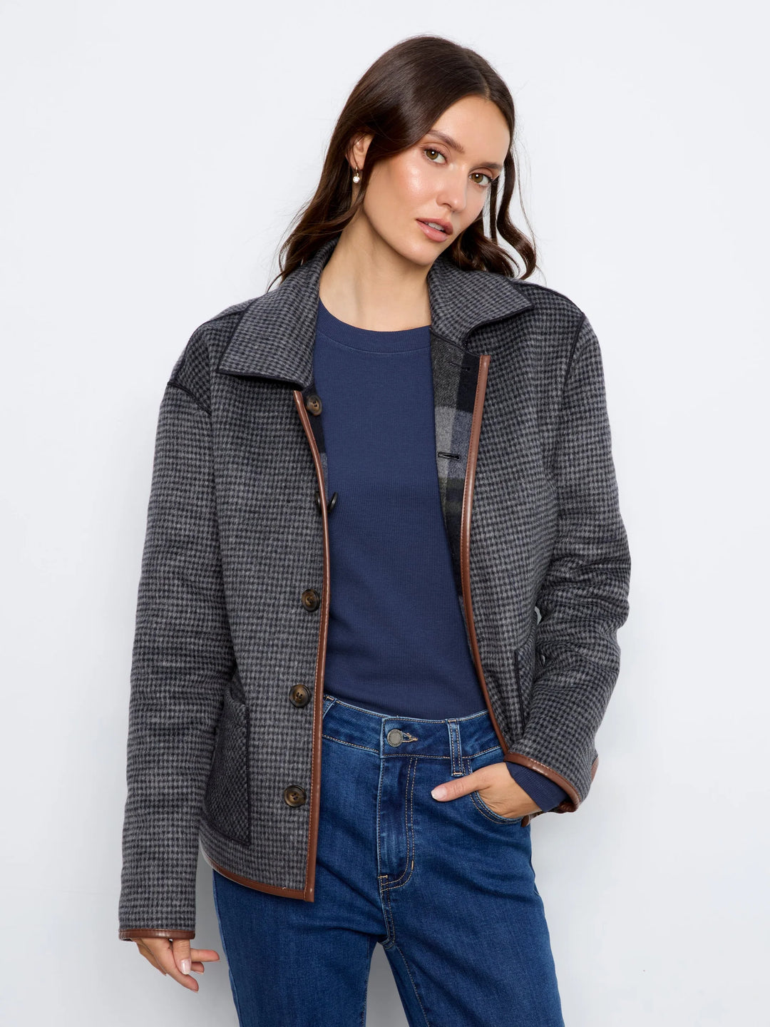 Reversible Plaid Jacket With Leather Binding