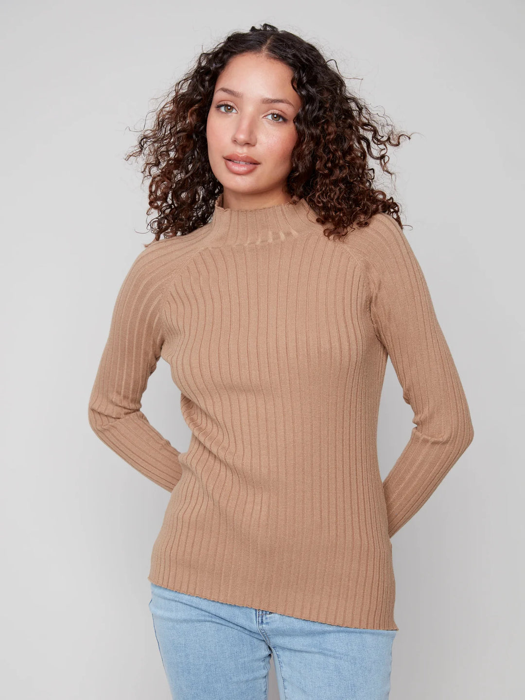 Basic Ribbed Knit Mock Neck Long Sleeve Sweater - Truffle