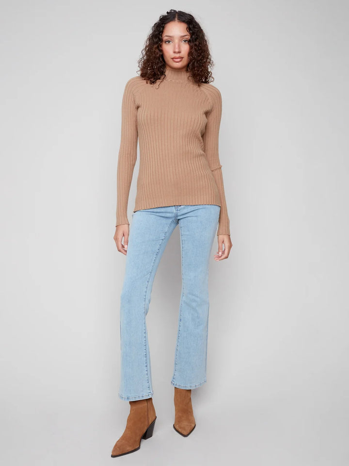 Basic Ribbed Knit Mock Neck Long Sleeve Sweater - Truffle