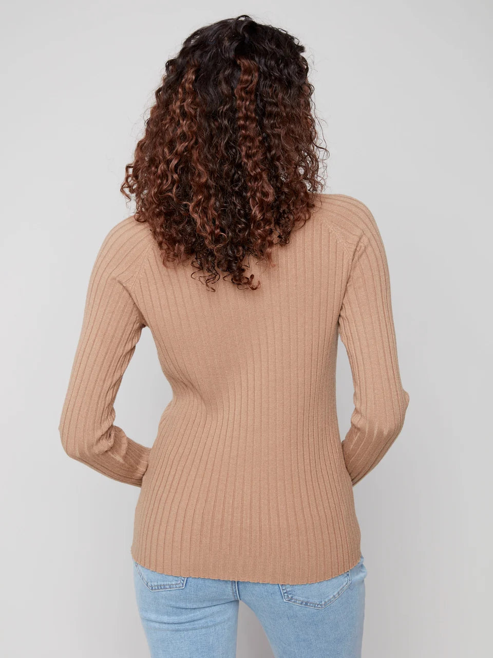 Basic Ribbed Knit Mock Neck Long Sleeve Sweater - Truffle