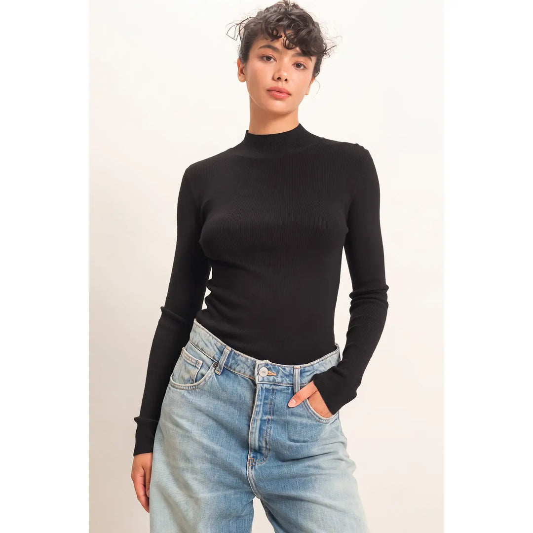 Ribbed Mock Neck Long Sleeve Knit Top