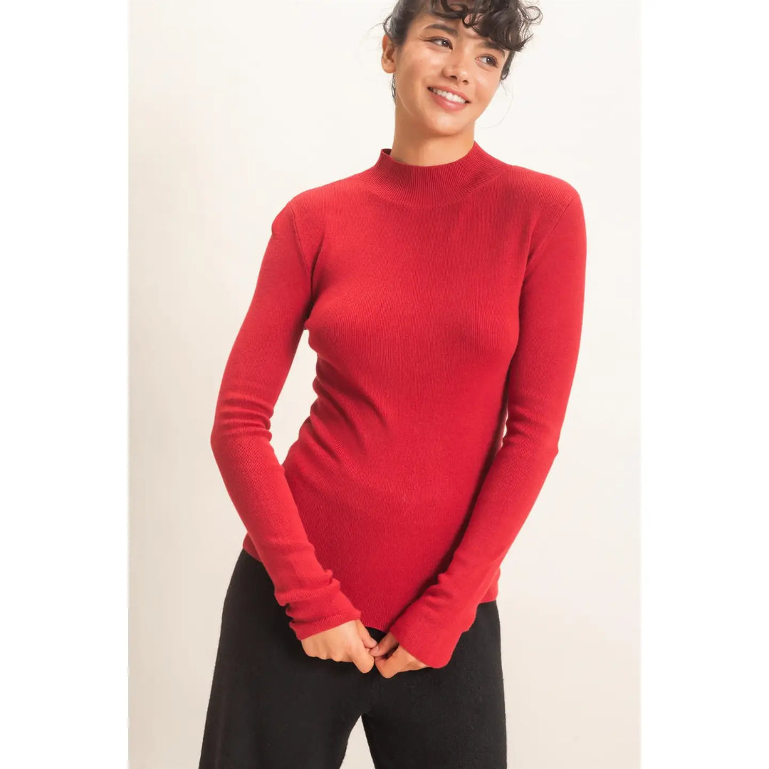Ribbed Mock Neck Long Sleeve Knit Top