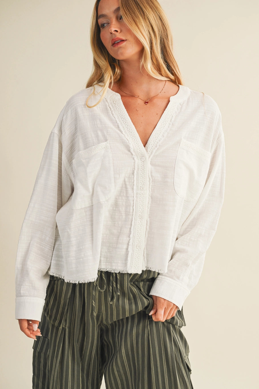 Lace-Trimmed Top with Raw-Cut Edge Detail