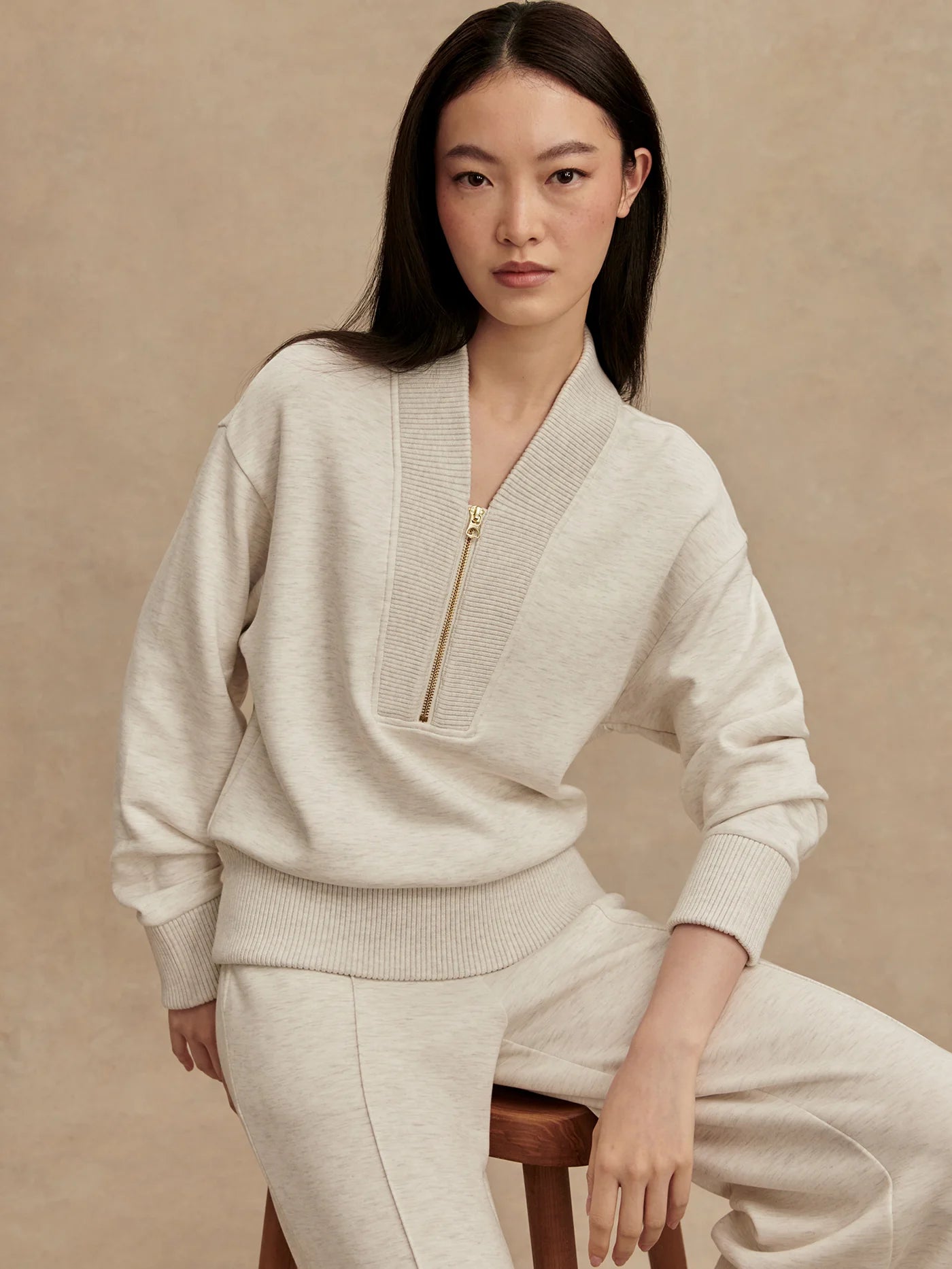 Sally Half Zip Sweat in Ivory Marl