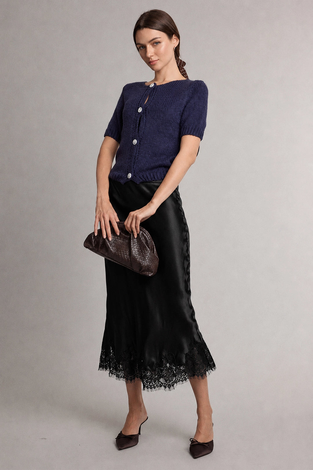Satin Lace Trim Midi Skirt
