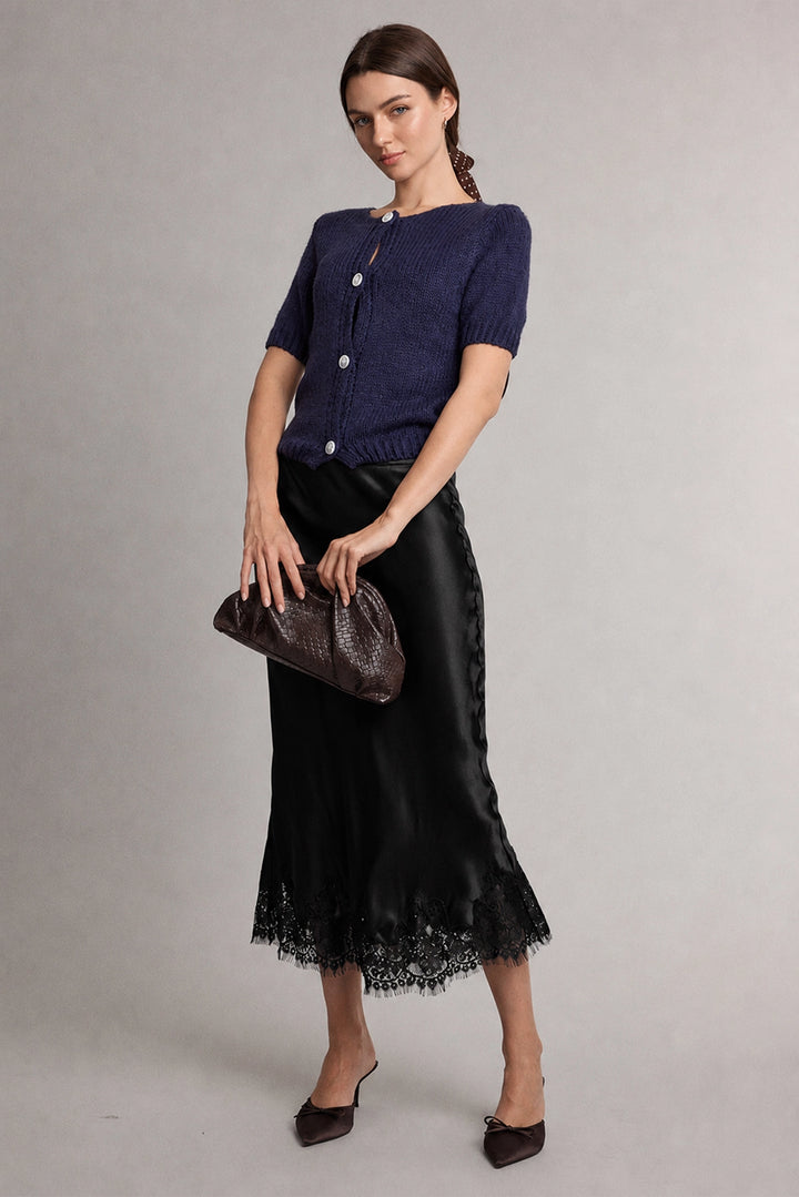 Satin Lace Trim Midi Skirt