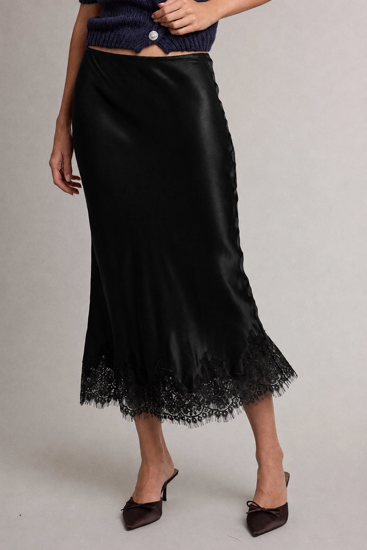 Satin Lace Trim Midi Skirt