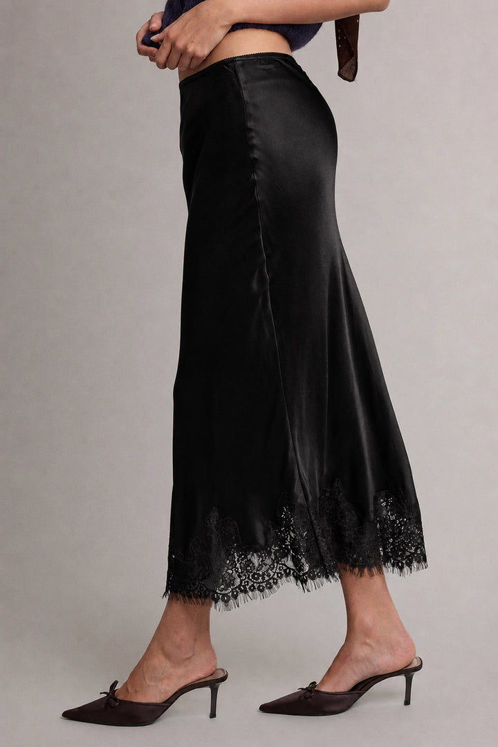 Satin Lace Trim Midi Skirt
