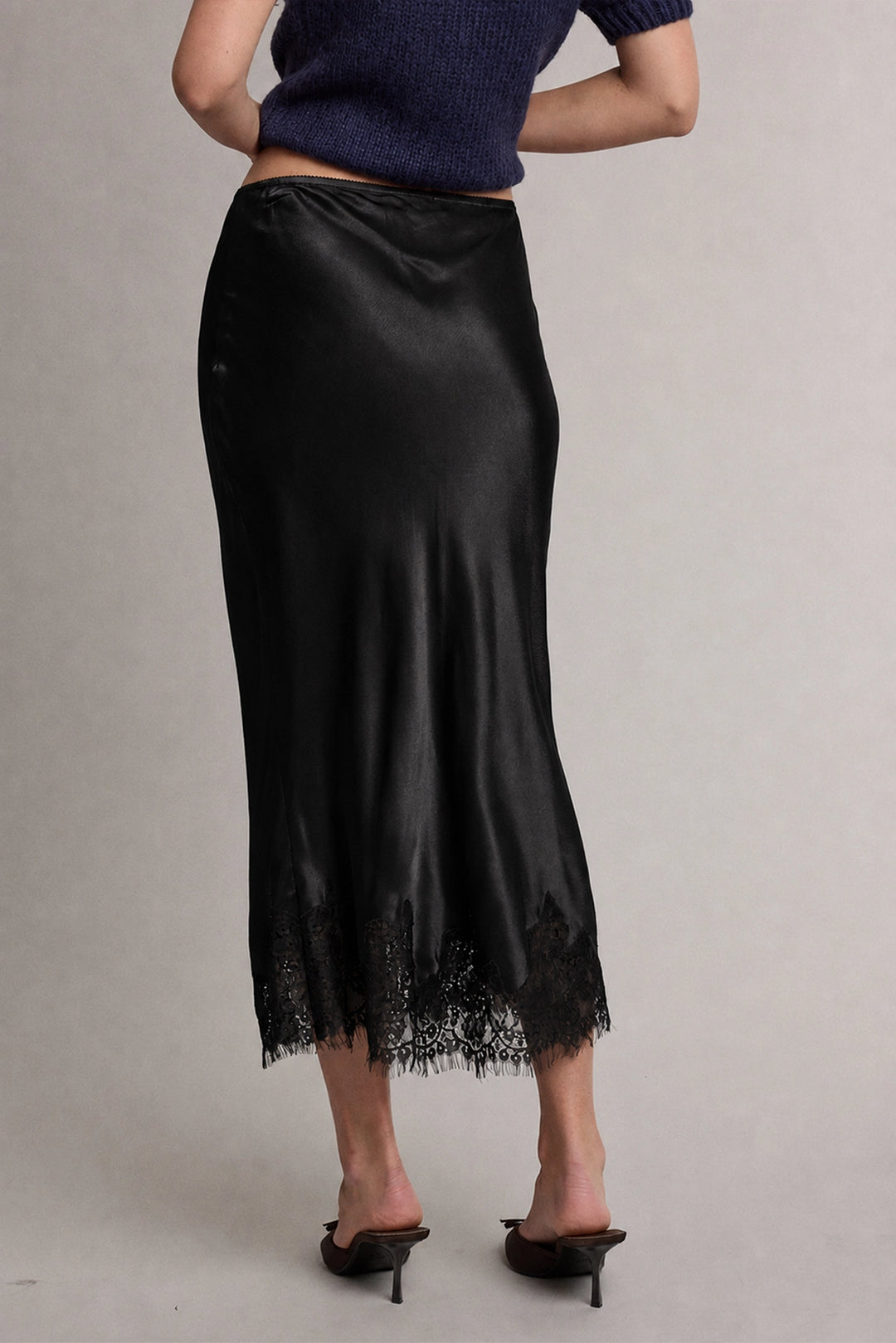 Satin Lace Trim Midi Skirt
