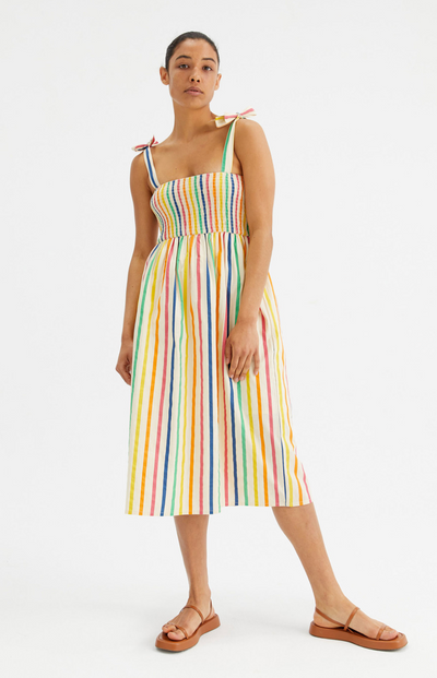 Stripe print midi strappy dress with bow