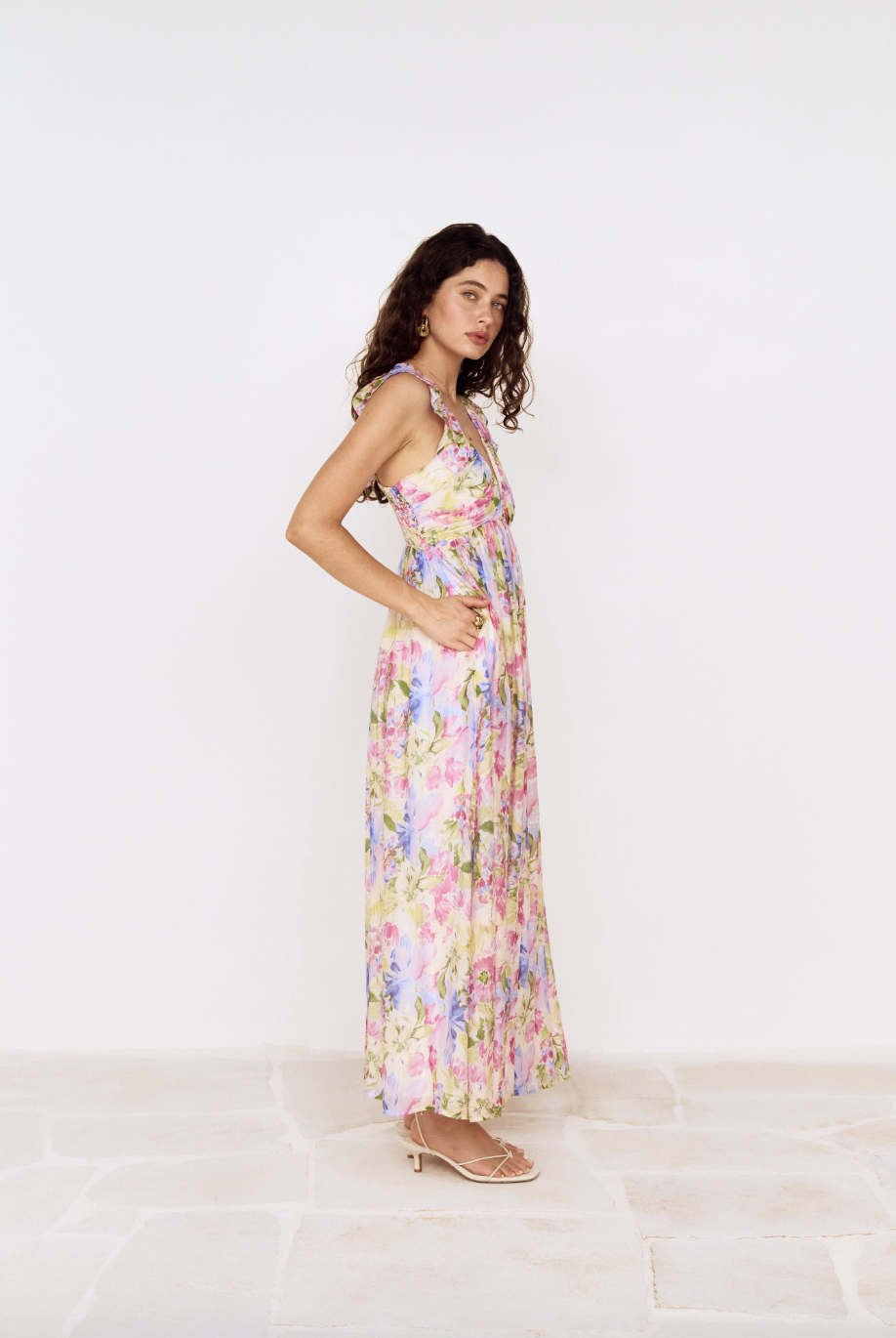 Watercolour Floral Ruffle Maxi Dress M / Watercolour Floral