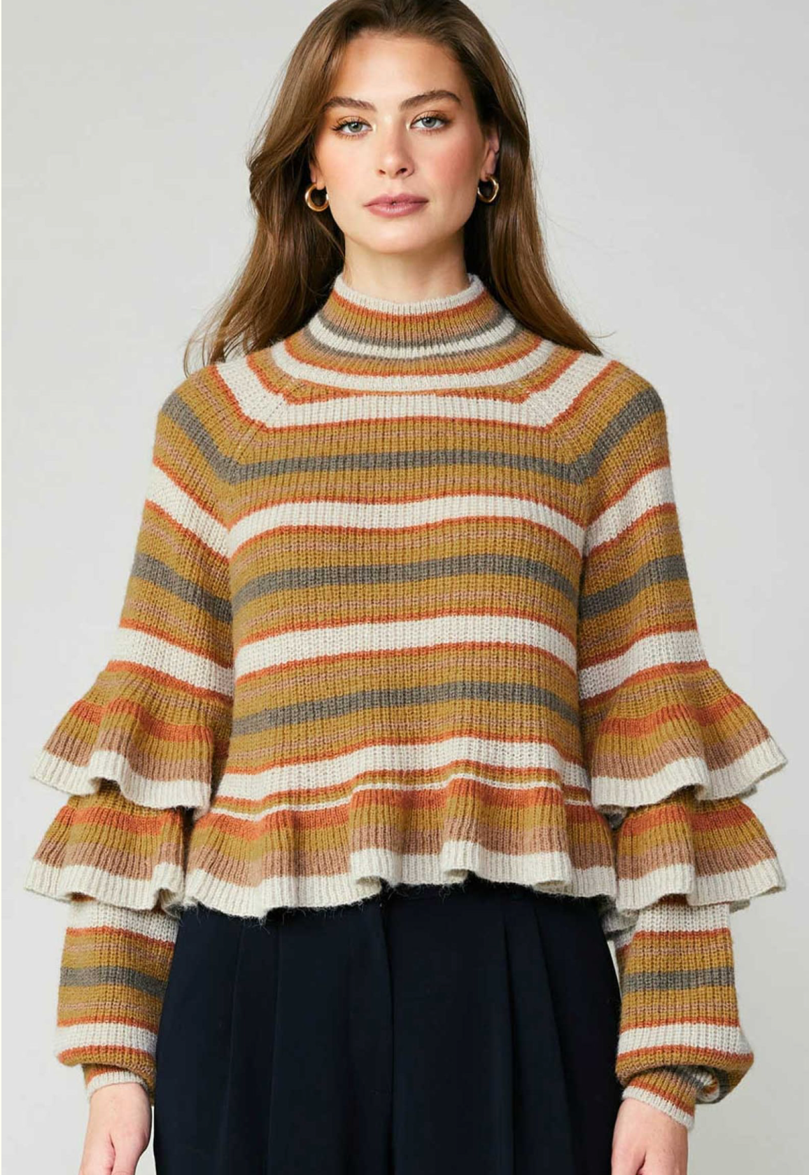 Stripe Ruffle Mock Neck Sweater