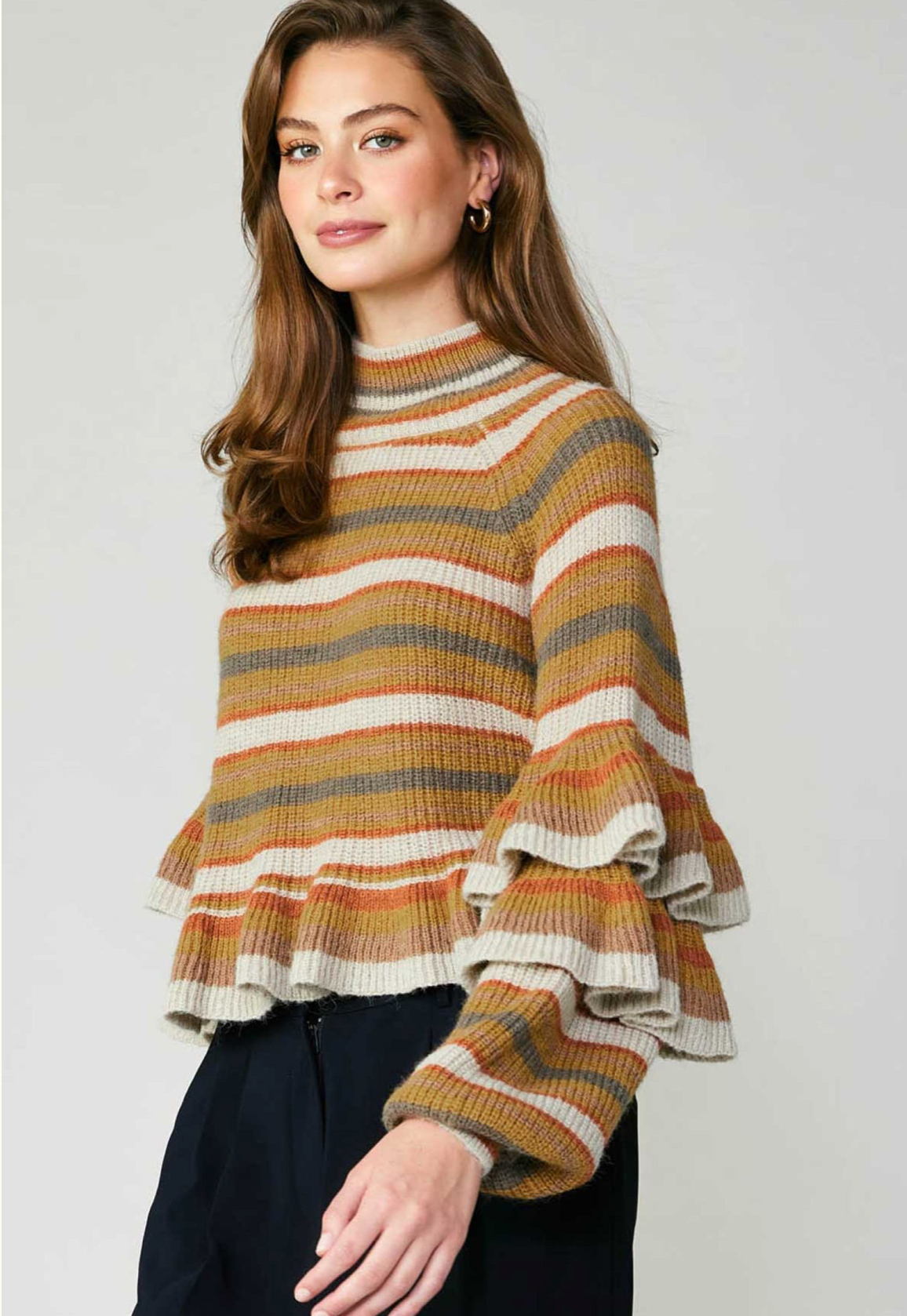 Stripe Ruffle Mock Neck Sweater
