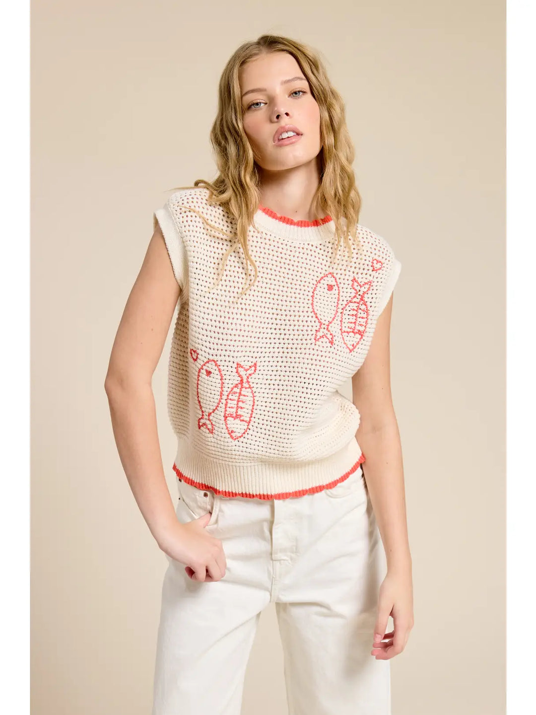 Cream Red Fish Top